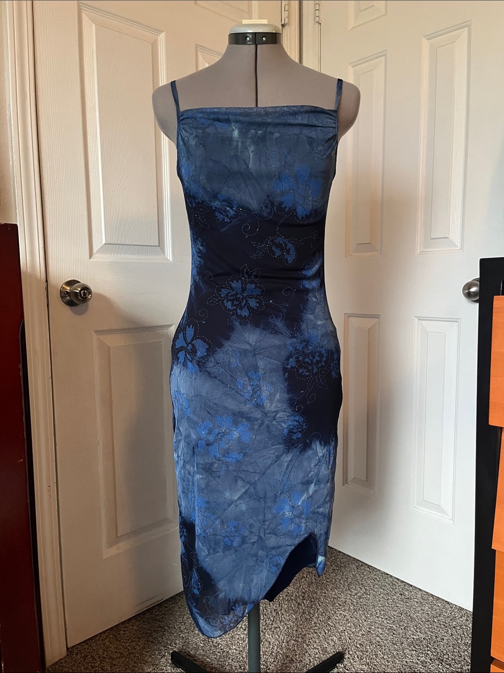 1990s My Michelle Asymmetric Square Neck Midi Dress, Black & Blue, Size S